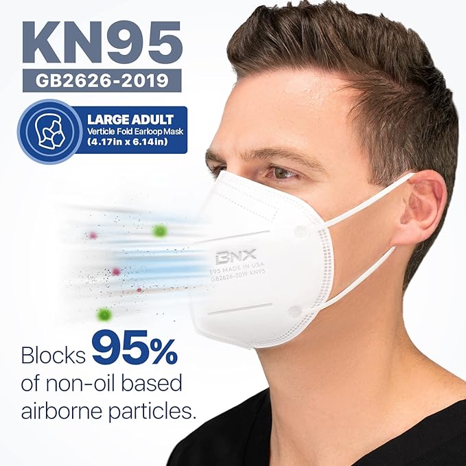 BNX KN95 Face Masks Made in USA (Adult Large, Adult Medium, Kids Small) (Earloop) (Model: E95/E95M/E95S)