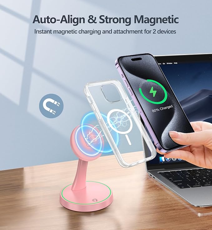 Magnetic Wireless Charger Stand 15W Fast Mag-Safe Charger for iPhone 17/17 pro/ 17 Air/ 17 pro max 16/15/14/13/12 Series Magnet Wireless Charging Station/Pad with Sleep-Friendly Light for AirPods