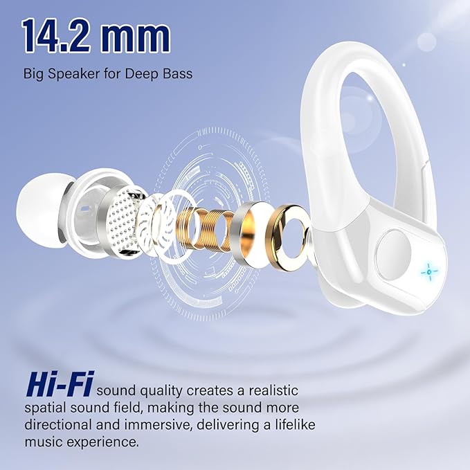 Wireless Earbuds Bluetooth 5.4 Headphones 75H Stereo Deep Bass Sports Over Ear Buds with Earhooks, LED Display Bluetooth Earbuds with 4 ENC Mic, IP7 Waterproof Earphone for Running, White