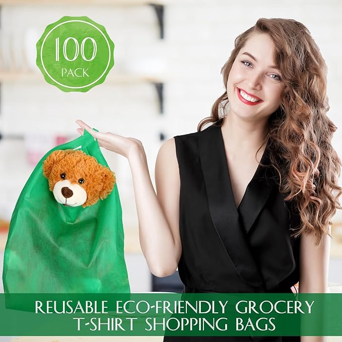 Windyun Large Grocery T-shirt Bags Bulk Reusable Non Woven Shopping Bag Foldable Gift Tote with Handle, 21x11x6 Inch