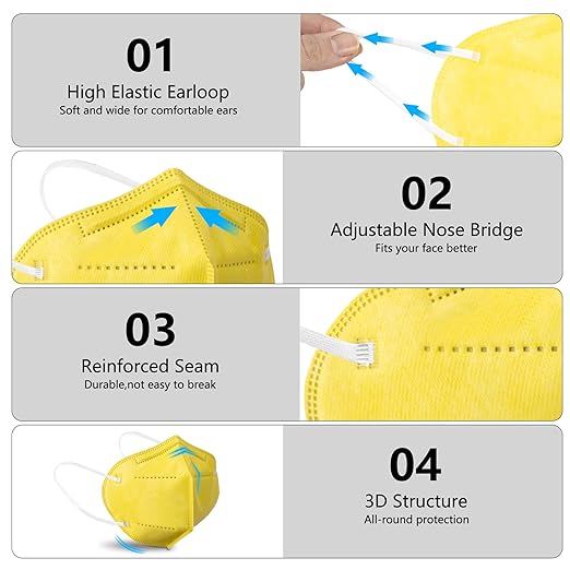 akgk KN95 Face Mask 50 PCS, Breathable Protection Masks, 5-Ply KN95 Yellow Masks, Cup Dust Safety Masks