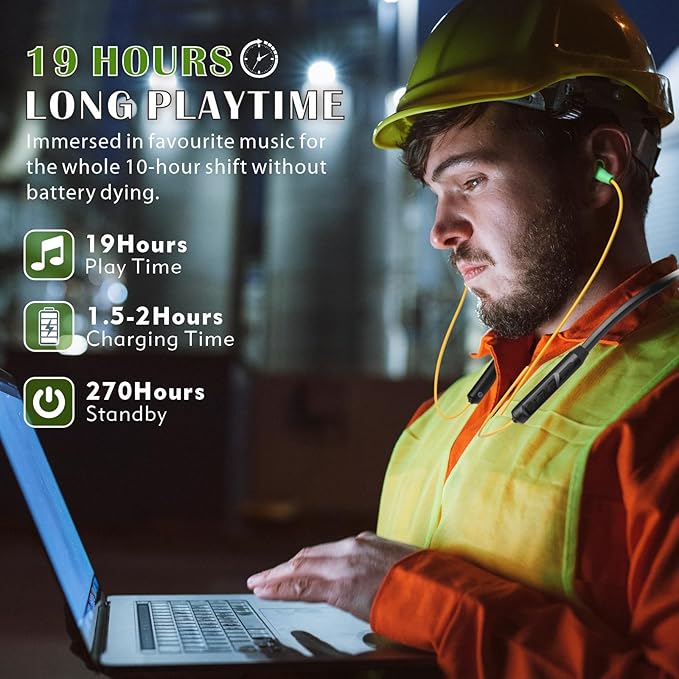 MIPEACE Bluetooth Earplug Headphones, Neckband Wireless Earbuds earplugs-29db Noise Reduction isolating in-Ear earplug Earphones and Controls,IPX5 sweatproof,19+Hour Battery(Yellow & Green)