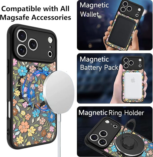 KANGHAR Case Compatible with iPhone 17 Pro Flower Pattern [Compatible with Magsafe] Cute Colorful Blooming Florals Protective Magnetic Case for Girls Women 6.3"