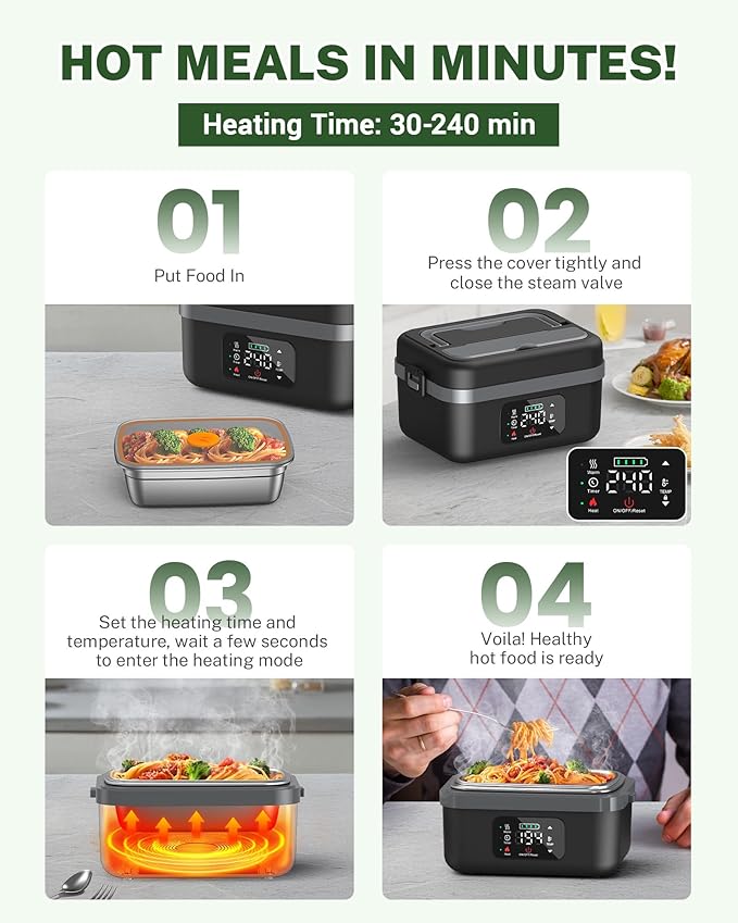 ODSD Cordless Electric Lunch Box for Adults, 16000mAh Rechargeable Self-Heating Lunch Box Food Warmers with Timer & Adjustable Heating, 34oz/1L Container with Insulated Bag for Office Car Outdoor