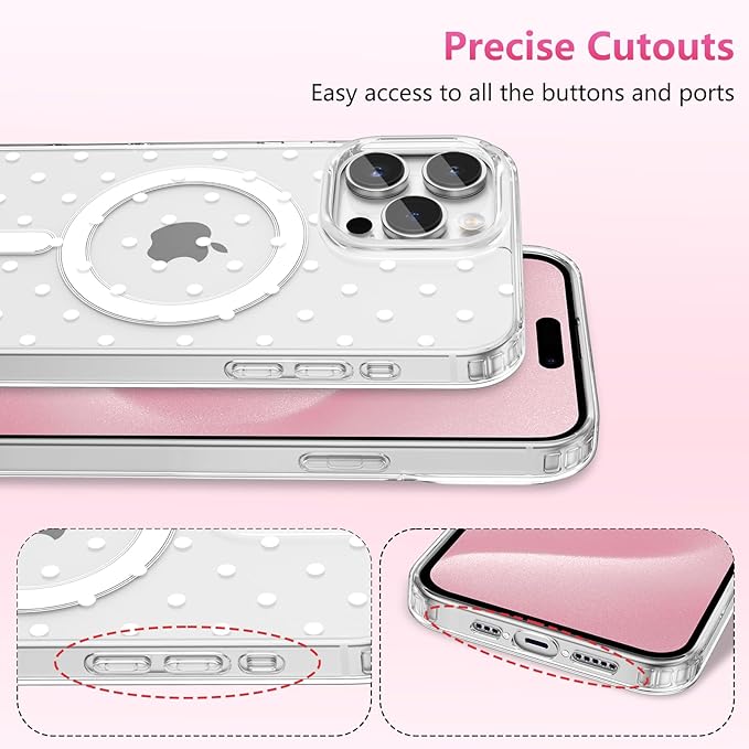 ZTOFERA Magnetic for iPhone 15 Pro Max Case,Cute Polka Dot Phone Case Aesthetic Striped Clear Trendy Slim Soft Shockproof Protective Phone Cover for Women Girls, White Dot
