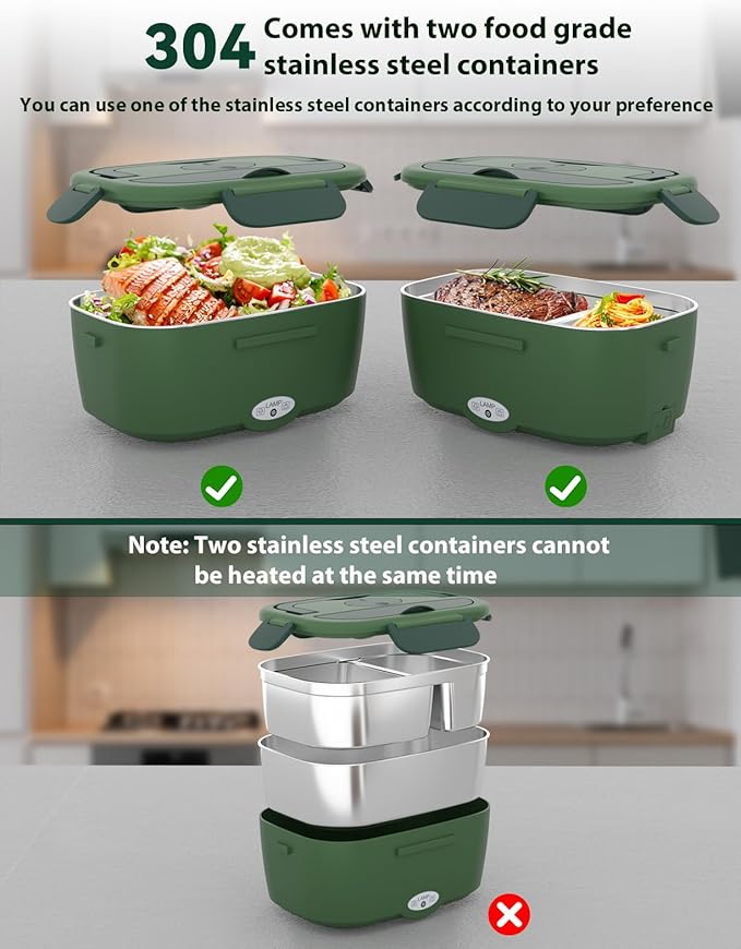 Electric Lunch Box for Adults, 80W Fast Heated Lunch Box with Dual 1.5L Stainless Steel Containers, Portable Food Warmer with Insulated Bag for Car/Office/Outdoor - Lonchera Eléctrica Portátil