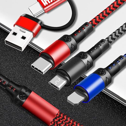 Multi Charging Cable (3Pack,4ft) 6 in 1 USB A/C to USB C/Micro USB/i-P Connector Multiple Charger Cord for Cell Phone/IP/Galaxy/PS/iPads and More
