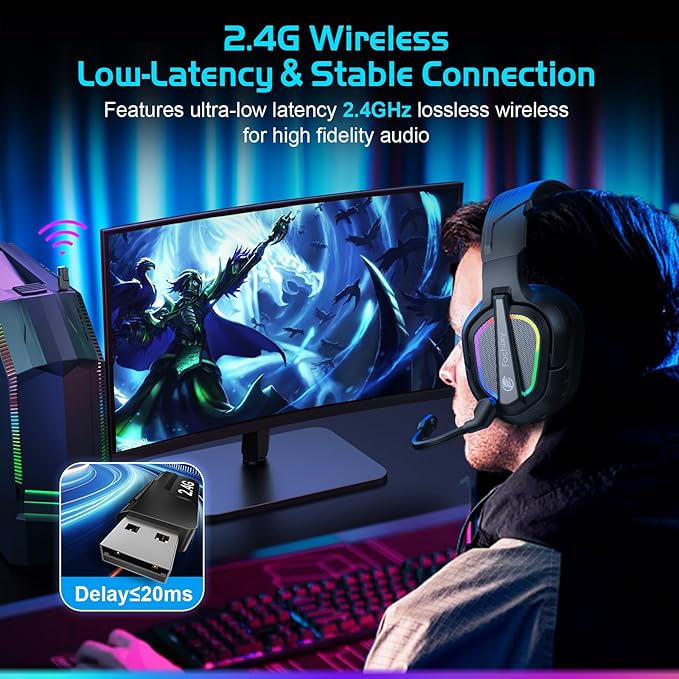 FC200 Wireless Gaming Headset for PS5, PS4-2.4GHz USB Foldable Headphones with Mic - 3D Stereo Bluetooth Headset with 50Hrs Battery Life, for Switch, PC, Mac, Mobile
