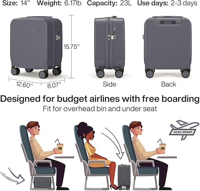 mixi 14 Inch Underseat Luggage Carry on Suitcase Free Boarding Personal Item Suitcases with Spinner Wheels Hardshell Lightweight PC for Short Travel, Rock Gray