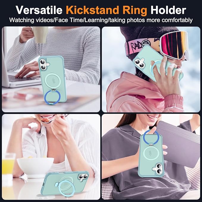 Compatible with iPhone 16 Plus Case with Invisible Magnetic O-Ring Stand Military-Grade Translucent Case for iPhone 16 Plus 6.7" [Compatible with Mag-Safe][Great Grip Feeling], Blue
