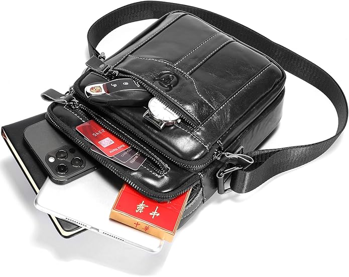 Leather Crossbody Bags for Men Casual Shoulder Bag Travel Messenger Bag Vintage Handbag Multi Pocket Satchel