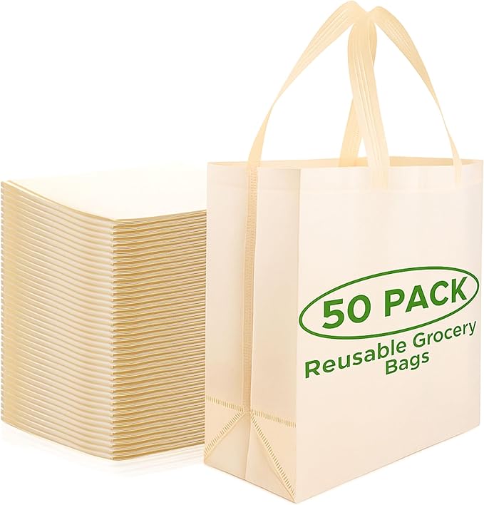 Simply Cool Reusable Grocery Bags Eco-Friendly - Large Reusable Shopping Bags, Heavy Duty Grocery Bags, 14.5"x14"x6.6" Foldable, Tote Bags Bulk (50 Pack, Cream)