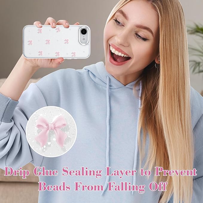 EYZUTAK Case for iPhone 16e, Bling Glitter 3D Bowknot Phone Case Cute Sparkly Crystal Clear Bow Aesthetic Design Cover Slim Soft Durable TPU Transparent Protective Cover for Women Girl - Pink Bow