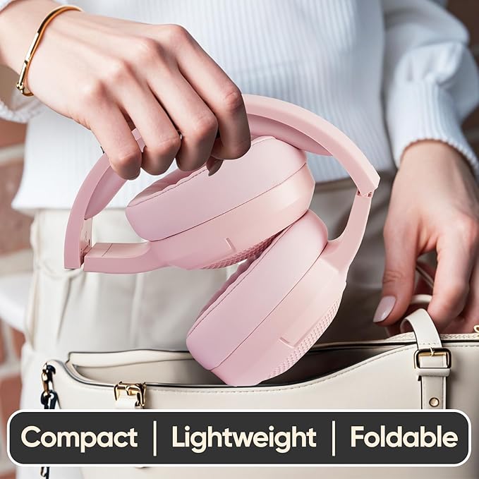 SDLOGAL Wireless Over Ear Headphones, Personalized Music & Game Audio, Wireless BT5.4 Headphones with Microphone, Up to 40 Hours Battery Life, Foldable & Lightweight - Pink