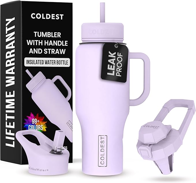 Coldest Tumbler with Handle and Straw - 100% Leak Proof Insulated Tumbler with Lid and Straw (3 Lids) - Stainless Steel Tumblers for Women & Men - Cup Holder Friendly Base, 36 oz (Lilac Blue)