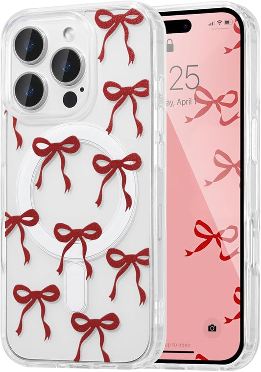 UEEBAI Magnetic for iPhone 16 Pro Max Case, Burgundy Bow Case Compatible with MagSafe, Wireless Slim Clear Ribbon Phone Cover Anti-Yellowing Shockproof Protective Cover for Women Girl - Burgundy