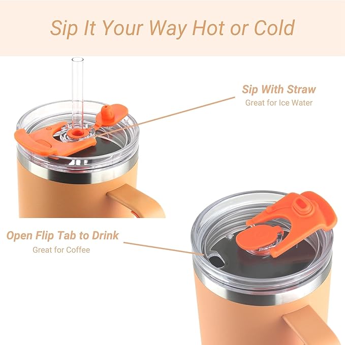 Drinco 40oz 30 oz Tumbler with Handle, Straw Lid, Insulated Stainless Steel Travel Mug Water Bottle Ice Coffee Cup For Cold and Hot, BigSur (30oz, Cantaloupe)