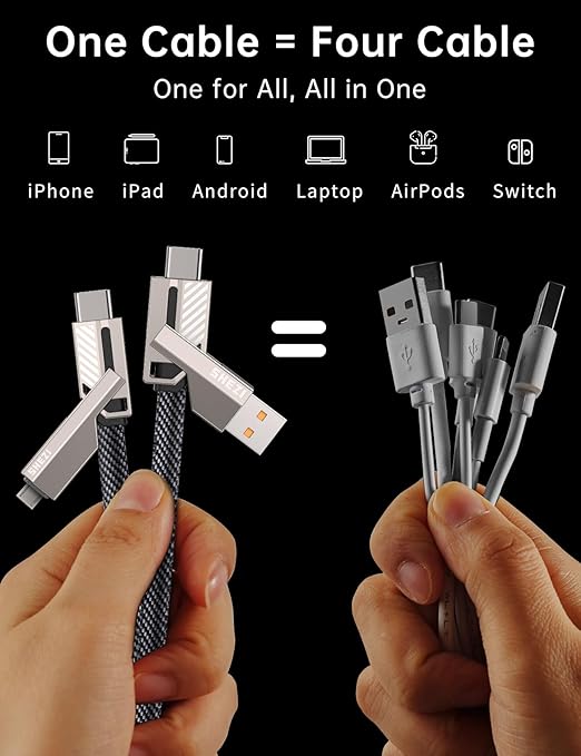 [One is Enough] 4-in-1 USB C to Micro Cable, Micro High-Speed Charging & Fast Data Transfer,CarPlay & Android Auto Support Multi Charger Cord Combo/Type C/USB A for iPhone/Samsung/iPad,5FT