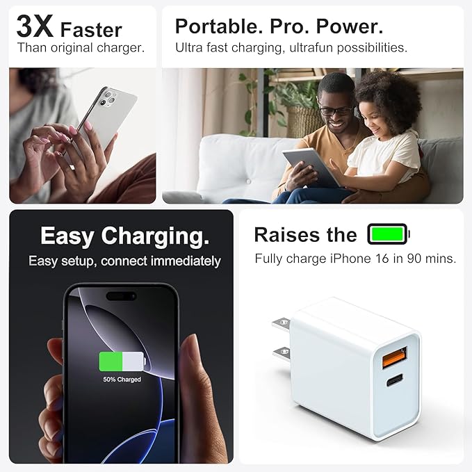 USB C Super Fast Charger, 3-Pack 30W Dual Port PD+QC Fast Charger Adapter Block for iPhone 16/15/14/13/Pro/Pro Max/Plus/iPad/MacBook air, (25W PPS) Type C Charging for Samsung S21 S22 Pixel