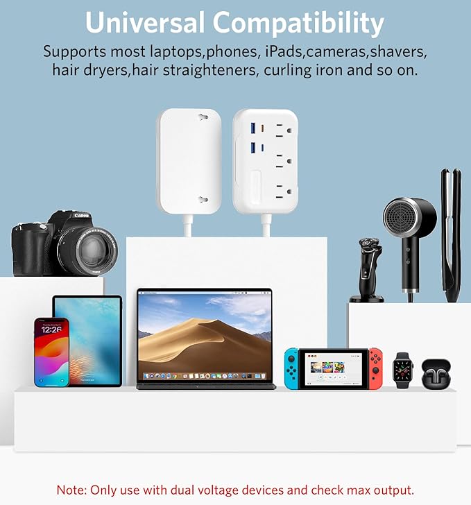 BESTEK European Travel Plug Adapter: UK Travel Plug Adapter- US to UK Europe Travel Power Strip with 20W USB C Charger - 3 AC Outlets, 4 USB Ports (White)