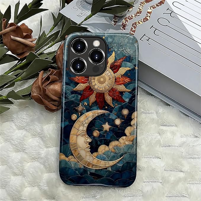 Case for iPhone 16 Pro Max Case,Sun Moon Stars Faux Stained Glass Design Hybrid Dual Protection Silicone + Hard PC Shockproof Full Body Cover,Slim Anti-Scratch Protective for Men Women