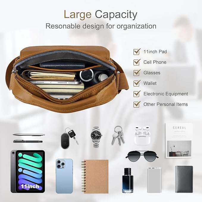 Men's Leather Crossbody Shoulder Bag - Messenger Satchel Travel Handbag