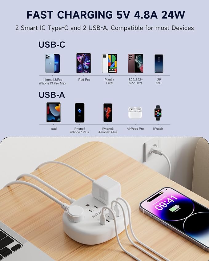 Brazil Power Adapter, Outlet Adapter for Brazil with 3 American Outlets 4 USB Ports (2 USB-C) Total 24W, Type N Plug Adapter for USA to Brazil, 5FT
