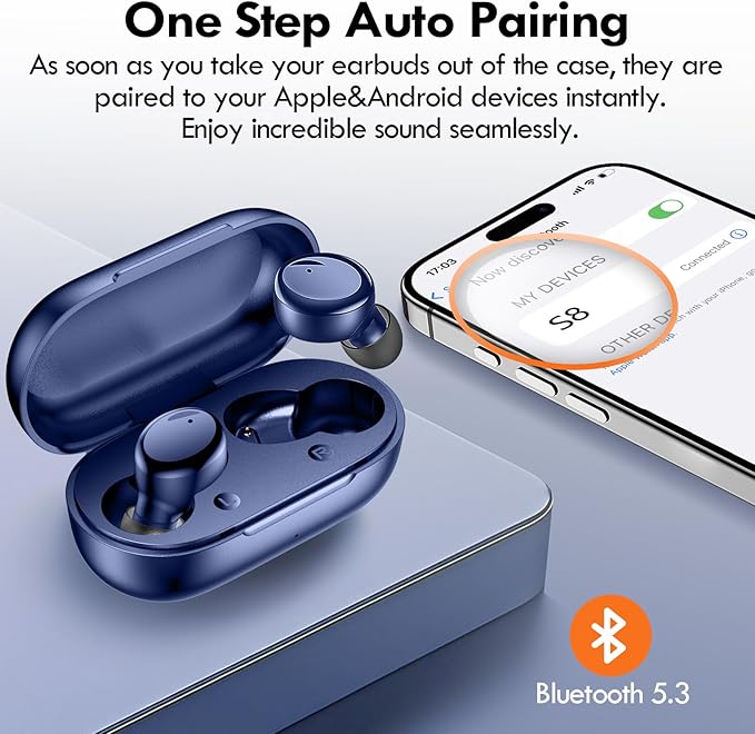 Lanteso True Wireless Bluetooth 5.3 Earbuds, 48H Playtime,Light Weight Headphones in Ear Buds Built in Mic Headset Premium Sound with Deep Bass,Clear Calls Earphones for Sports Workou Blue