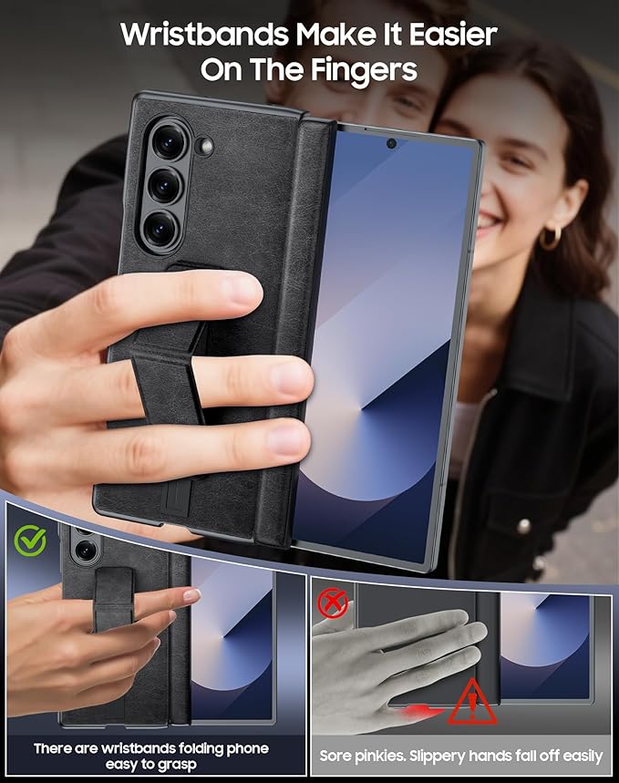 for Samsung Galaxy Z Fold 6 Case with Hand Strap & Kickstand & Hinge Protection, Ultra Slim Skin Feel Pattern Printing Full Body Shockproof Phone Case for Z Fold 6, No Screen Protector (Vintage Black)