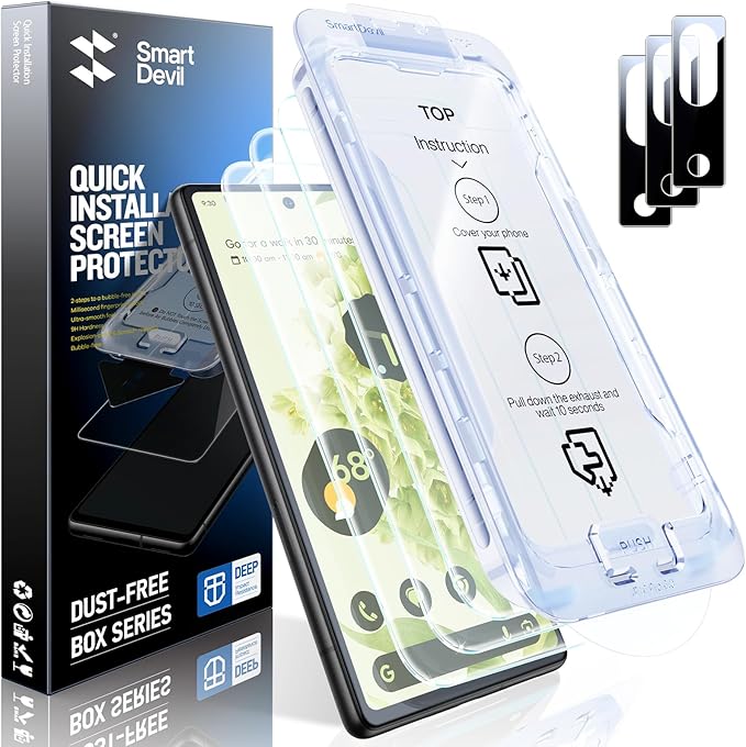 SMARTDEVIL [3+3 Pack for Google Pixel 6 Screen Protector with Camera Lens Protector, Finger Print Reader Compatible, Fast & Easy Installation, Clear 9H Tempered Glass Film, Alignment Frame