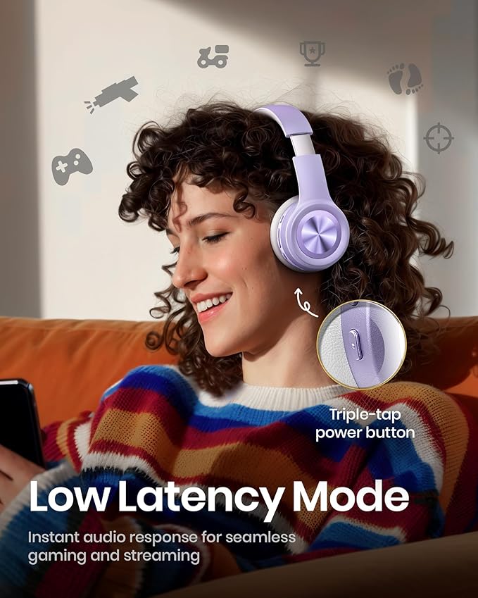 Picun Solo6 Wireless Bluetooth Headphones, 5EQ Music Mode, On-Ear Headphone with Built-in Microphone, Foldable Headset with 140H Battery Life, App Control for Girls, Home, School, Travel (Purple)