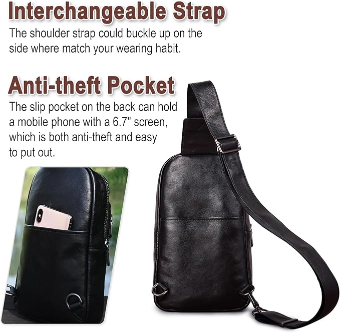 Genuine Leather Sling Bag for Men and Women Crossbody Shoulder Purse Chest Sling Backpack Carry on Casual Daypack