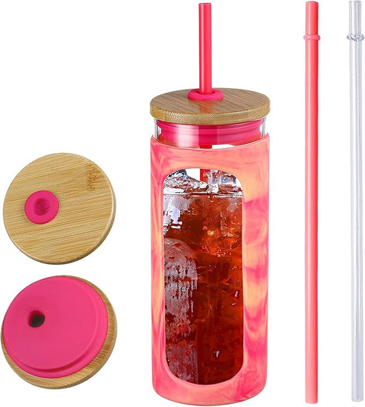Kodrine 20oz Glass Tumbler with Straw and Lid, Iced Coffee Cups with Bamboo Lids, Glass Cups for Cold Drinks, Smoothie Cup with Silicone Sleeve for Travel, Work, BPA FREE-Red Yellow