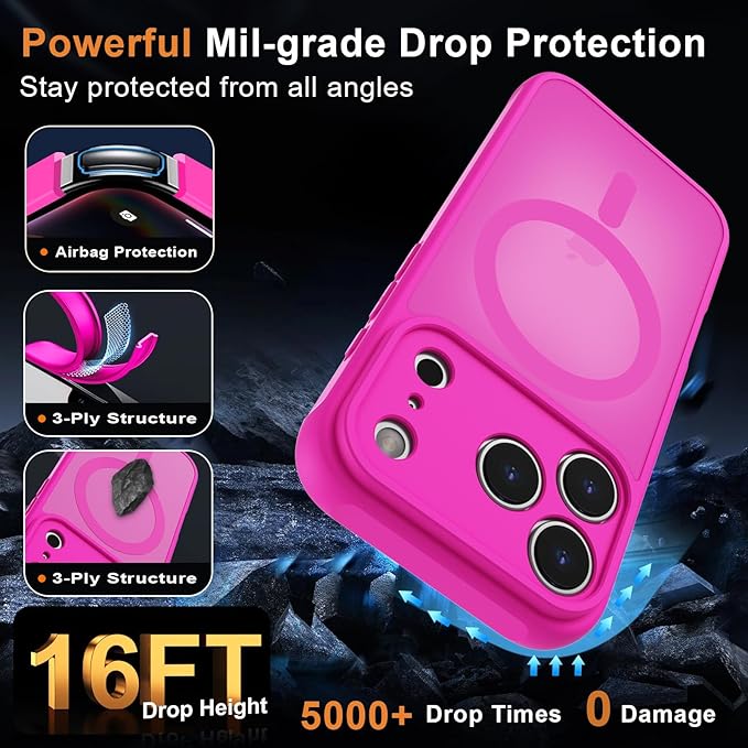 MOCCA Strong Magnetic Compatible with iPhone 17 Pro Max Case [Compatible with Magsafe] [Full Camera Protection] Slim Translucent Matte Shockproof Phone Case Cover 6.9",Hot Pink