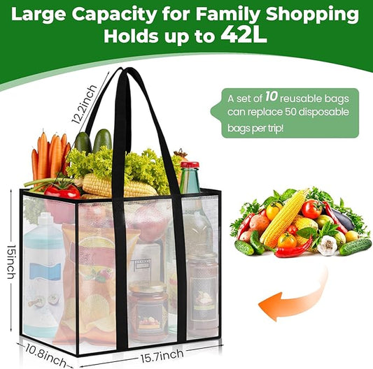 10 Pack Reusable Grocery Bags, Heavy-Duty Shopping Bags with Sturdy Handles, Water-Resistant & Foldable Organizer, Shopping Bags for Groceries, Market, Car Trunk, Multi-Purpose, 42L