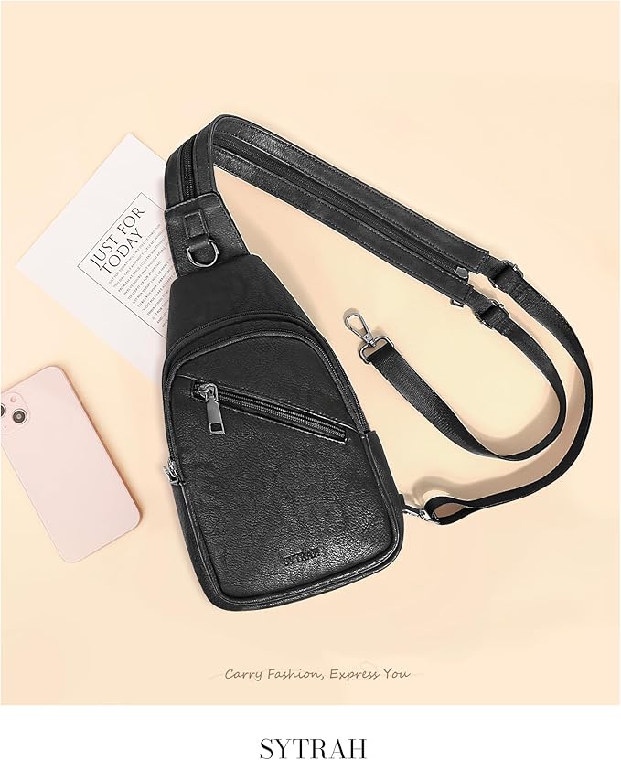 Sling Bag for Women, Crossbody Bags for Women Trendy Crossbody Purse Vegan Leather Sling Backpack Chest Bag with Dual Purpose Strap, Pure Black