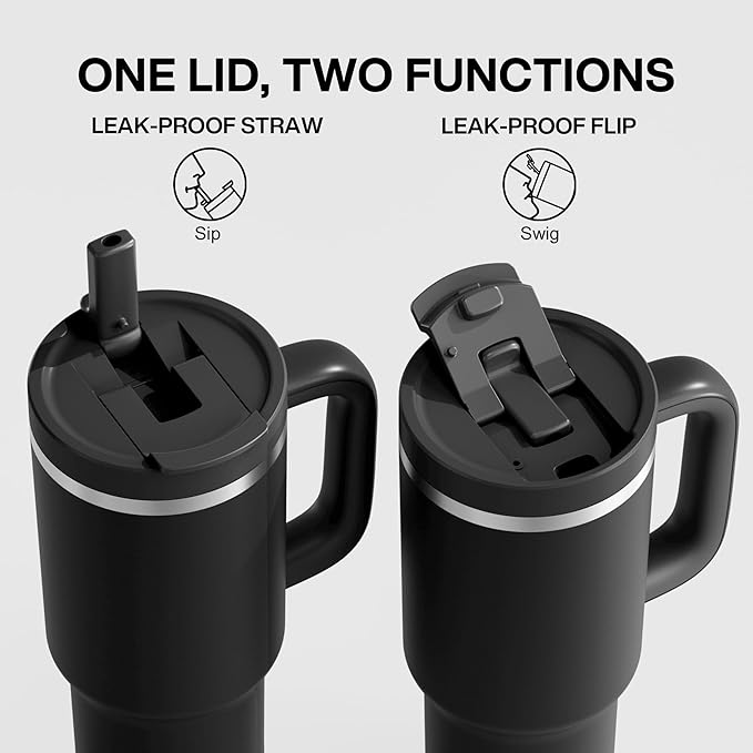 32 oz Tumbler with Handle and Straw: Stainless Steel Insulated Tumbler Keeps Cold for 24 Hours, Leakproof Travel Cup Fits in Cup Holder and BPA-Free, Black Night