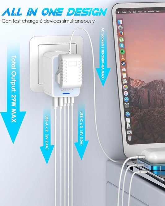 Universal Travel Adapter with 5 USB Ports (3 USB C) & Multi AC Outlet, International Power Plug Adapter Worldwide Travel Wall Charger for Europe UK US AUS (Type C/G/A/I, White)
