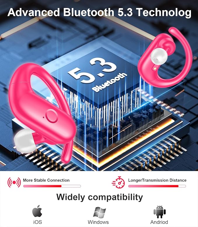 MOZOTER Wireless Earbuds Bluetooth 5.3 Headphones Sport,Over Ear Buds with Deep Bass Sound,60Hrs Playtime Earphones Redesigned Comfort Fit with Earhooks for Running,Meeting,Workout-Pink