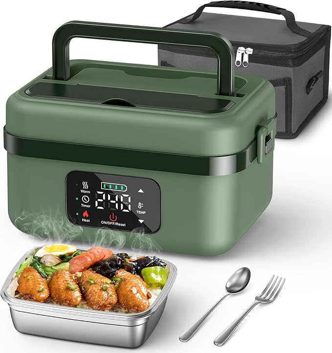 ODSD Cordless Electric Lunch Box for Adults, 16000mAh Rechargeable Self-Heating Lunch Box Food Warmer with Timer & Adjustable Heating, 34oz/1L Container with Insulated Bag for Office Car Outdoor