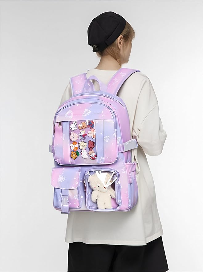 Kawaii Backpack for Teen Girls, Cute Aesthetic High Middle School College Bookbag with Accessories, Purple