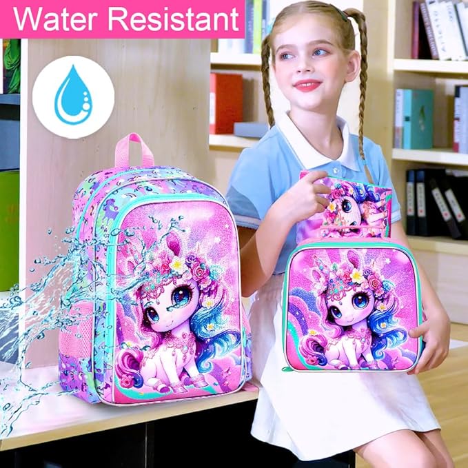 16" Unicorn Backpack for Girls, 3Pcs Kids School Backpacks with Lunch Box, Bookbag for Elementary Preschool Kindergarten(Pink)
