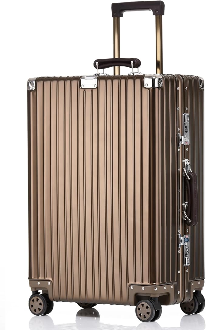 HotWay 20 Inch All Aluminum Carry On Luggage with Leather Handle, Hard Shell Zipperless Suitcase with TSA Locks and Spinner Wheels, Travel Luggage (22x14x9 Airline Approved), Gold