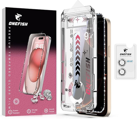 OneFish Women Fashion Privacy Screen Protector for iPhone 14 [6.1 inch]+ Camera Lens Protector, Sparkling Diamond Bling Edge 9H Tempered High-Definition Glass