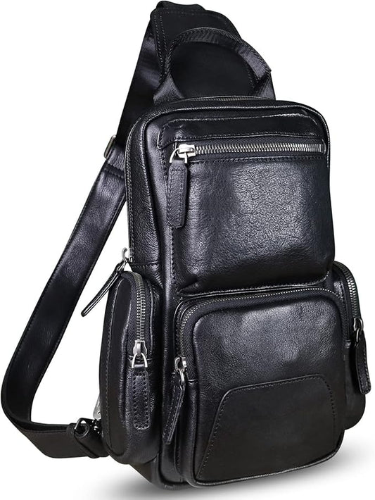 IVTG Genuine Leather Sling Bag Crossbody Casual Hiking Daypack Vintage Handmade Chest Bag Shoulder Backpack Motorcycle Pack (Darkgrey)