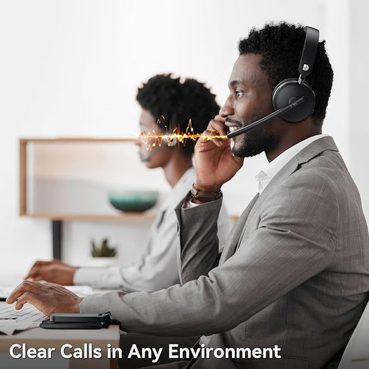 Wireless Headset with Mic for Work-Bluetooth 5.3 Headset with Noise Cancelling, Wireless Headsets with 65Hrs Battery & 10Min Fast Charge, Smart Dock with Digital Display for PC/Computer/Teams