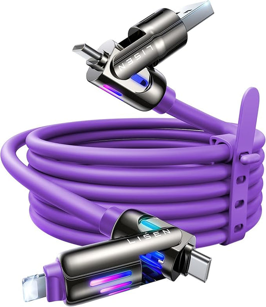 LISEN 240W Chubby USB C to USB C, 4 in 1 Charging Cable (6.6FT) with Light, USB A/C to C/L Multi Charging Cable for iPhone 16 15 14 Pro Max/MacBook/iPad Pro/SamSungS24,Purple
