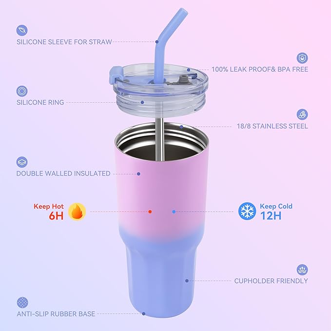 VEGOND 30 oz Insulated Stainless Steel Tumbler with lid and straw Double Wall Vacuum Travel Coffee Mug with Non-Slip Silicone Base, Sweat Proof Powder Coated Cup for Hot Cold Drinks, Blue and Purple
