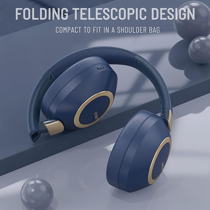 LORELEI B-C6 Wireless Over Ear Headphones, 50H Playtime Foldable Lightweight Bluetooth Headsets, Deep Bass, Built-in Microphone, Memory Foam Earmuff, for Travel, Home Office (Navy Blue)