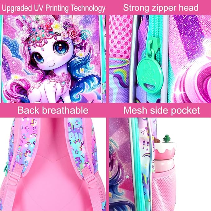 16" Unicorn Backpack for Girls, 3Pcs Kids School Backpacks with Lunch Box, Bookbag for Elementary Preschool Kindergarten(Pink)